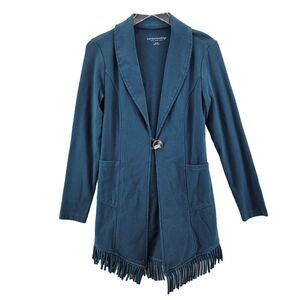 Soft Surroundings Fringed Jacket Womens XS Teal Blue Mid Length Cotton Button